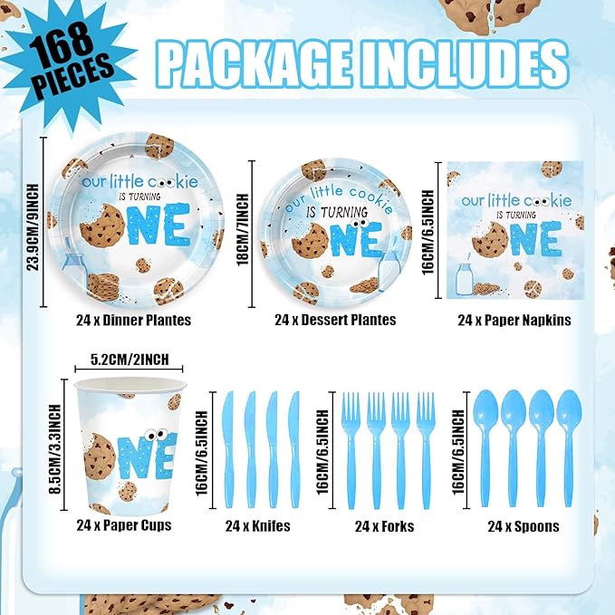 168Pcs Cookies Party Supplies Chocolate Chip Cookies and Milk Drinks Birthday Decorations for Baby Boys Girls 1st Birthday Party Tableware Serve 24
