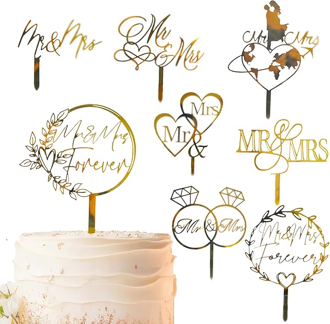 8 Pcs Mr and Mrs Cake Topper, Gold Acrylic Wedding Cake Toppers, Personalized Wedding Cake for Weddings, Engagement, Anniversary，Bridal Shower Cake Decoration