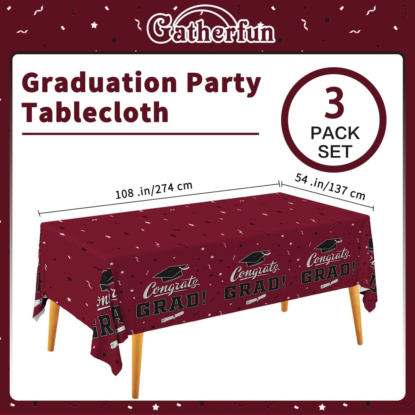 Gatherfun Graduation Tablecloths Graduation Party Table Decorations Waterproof Plastic Rectangular Disposable Table Cover for Congrats Grad Party Supplies 3PCS 54x108 Inch, Maroon
