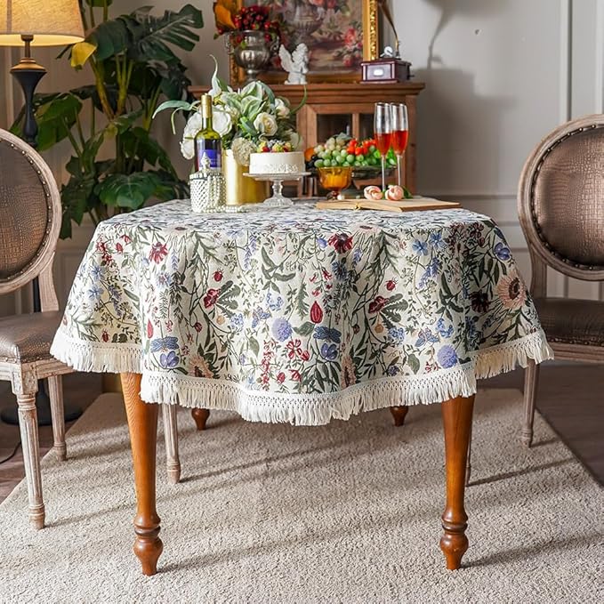 SUTAVIA French Floral Tablecloth Hand-Made Cotton Fabric with Lace Vintage Berry Garden Pattern Tabletop Sofa Cover Blanket for Home Holiday Party Decor (Red Floral, Oval, 52"x70")