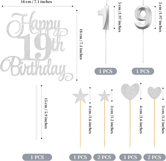 19th Birthday Cake Decorations, 19th Birthday Candles Cake Numeral Candles and Glitter Happy 19th Birthday Cake Toppers Set for Birthday Party Supplies (Silver)