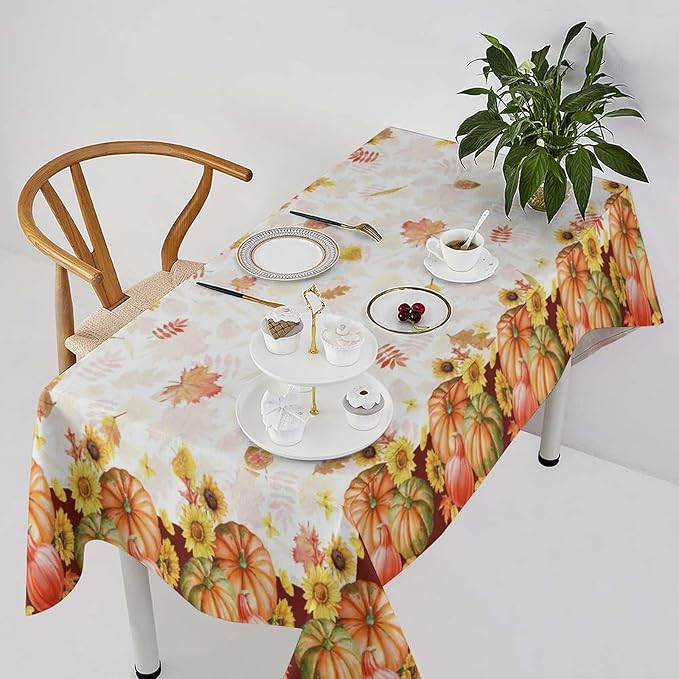Autumn Thanksgiving Pumpkin Tablecloth, Vintage Retro Maple Leaves Watercolor Yellow Sunflower Fall Harvest Table Cover for Party Picnic Dinner Kitchen 60x90 Inch Rectangle