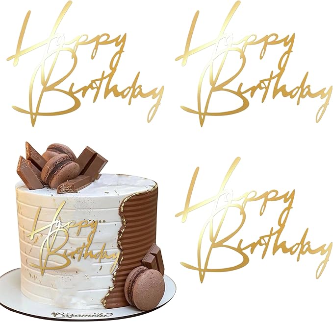 Rsstarxi 3 Pack Acrylic Happy Birthday Cake Topper Gold Artistic Fonts Happy Birthday Sign Cake Pick for Men Women Boys Girls Birthday Party Cake Decorations Supplies
