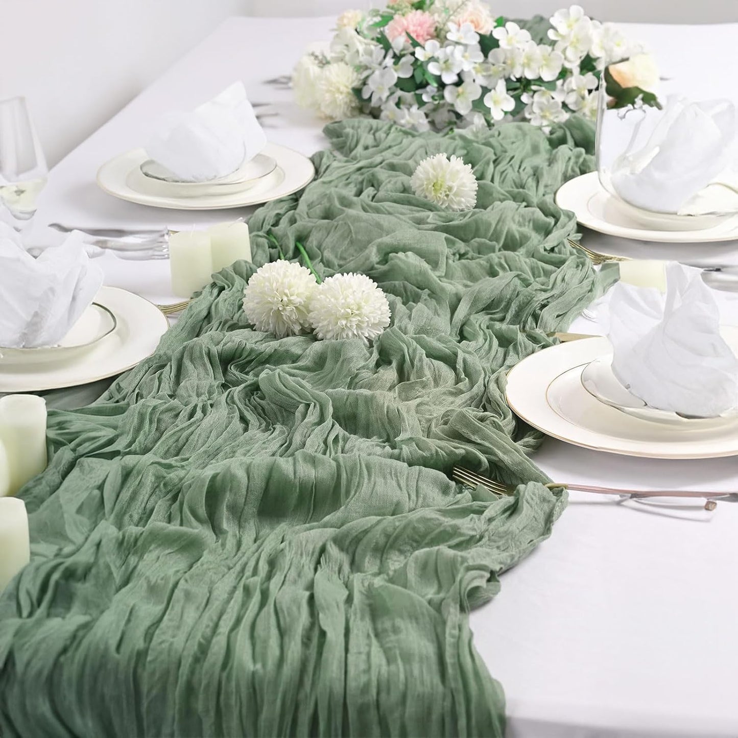 12 Pack Cheesecloth Table Runner 10Ft Boho Gauze Table Runner Cheese Cloth Long Rustic Sheer Table Runner for Wedding Bridal Baby Shower Birthday Party Cake Table Arbor Decorations (Sage Green)