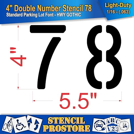Pavement, Curb, and WheelStop Stencils - 4 inch Double Number Stencil - (78) - 4" x 5.5" x 1/16" (63 mil) - Light-Duty