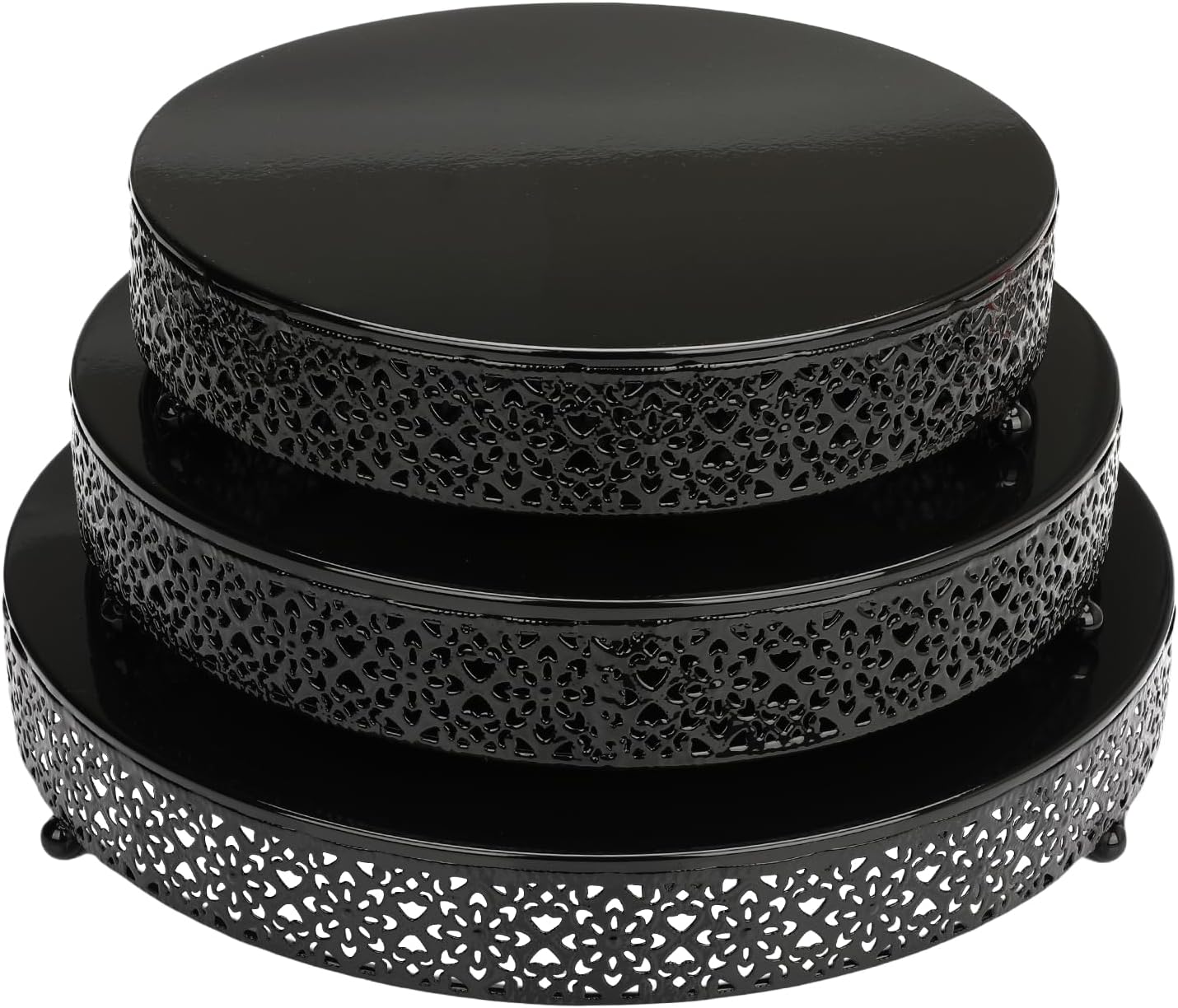 3 Piece Cake Stands Set 16'' 14'' 12'' Round Metal Cake Stands Cupcake Stand Riser Pastry Candy Display Plate for Dessert Table Wedding Event Birthday Anniversary Party (Black)