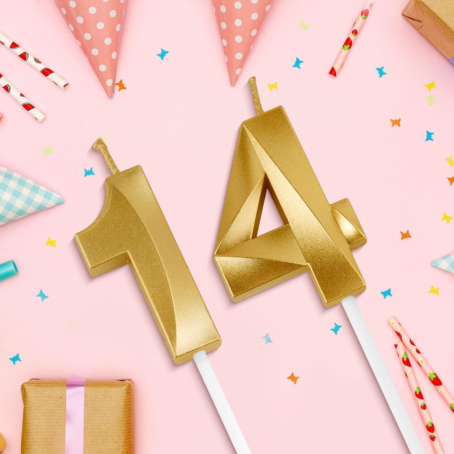 Birthday Candles, 1.96 Inch Number 14 Happy Birthday Candles, Number Candles Decoration for Birthday Party and Anniversary Celebration(Champagne Gold)