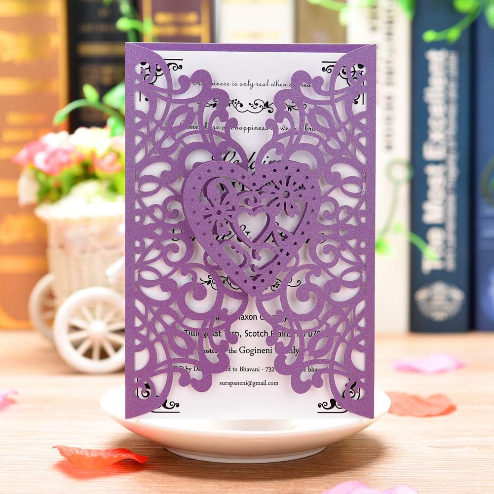 FOMTOR Laser Cut Wedding Invitations Kits 50 Packs Laser Cut Wedding Invitations with Blank Printable Cards and Envelopes for Wedding,Birthday Parties,Baby Shower Purple
