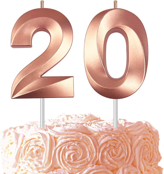 Rose Gold Number 20 Candles, 3D Diamond 2.76 Inch Cake Topper Birthday Candles for Wedding Anniversary Cake Decorations, Happy Birthday Party Decorations