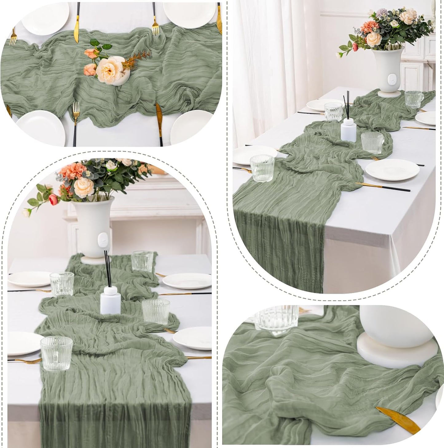 12 Pack Sage Green Table Runner 10FT Cheesecloth Table Runner 21 x 120 inch Boho Gauze Cheese Cloth Table Runner Rustic Sheer Table Runner for Party Wedding Bridal Baby Shower Birthday Table Decor