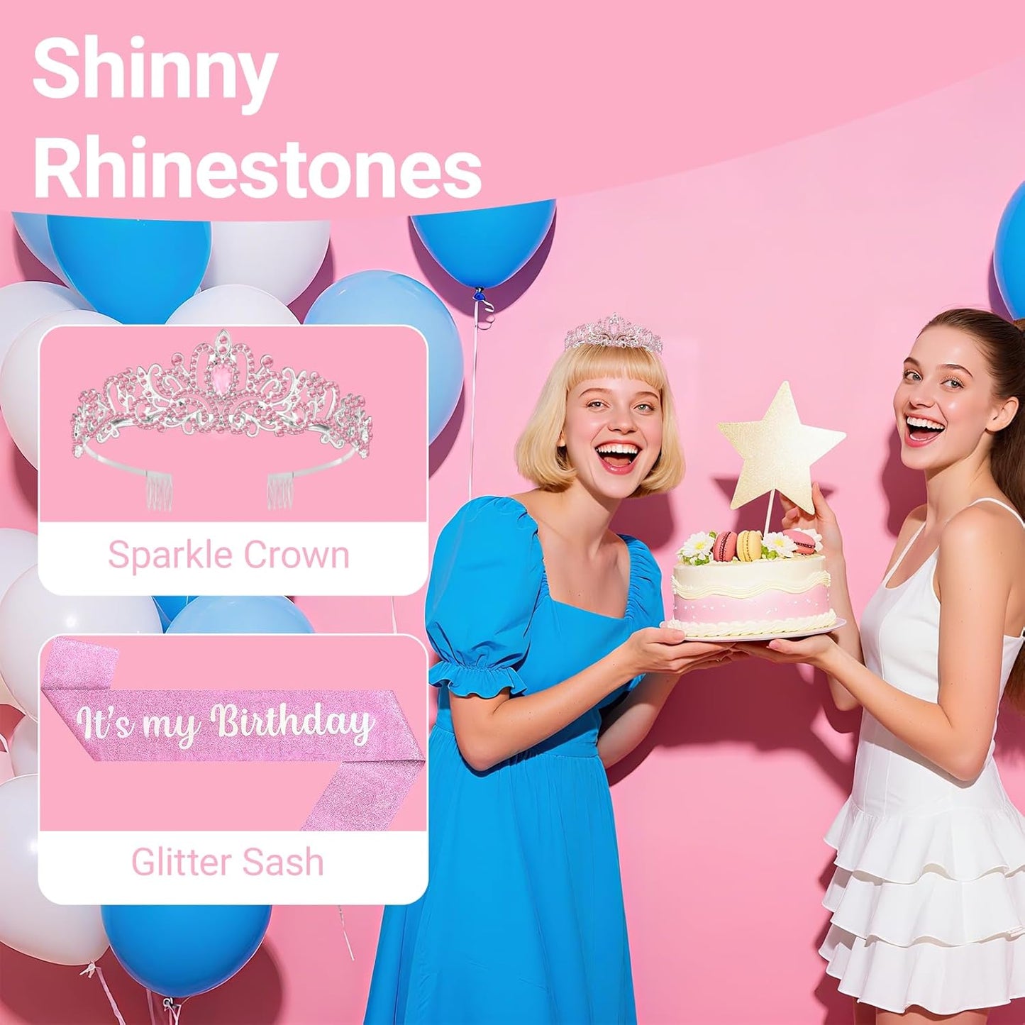 Birthday Tiara and Crown with Sash, Birthday Tiara for Women Party (Pink)