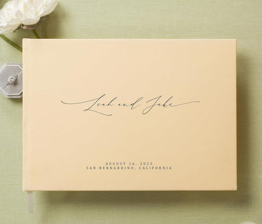 MUUJEE Personalized Guestbook in Butter - Premium Custom Modern Guest Book for Wedding Reception, Birthday Party or Events w/Bookmark Blank Pages for Signing 11.5 x 8.5 inches