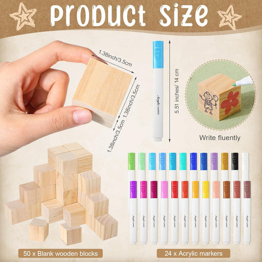 Tatuo 75 Pcs Baby Shower Games Sign Kit Including Decorate a Block Game Sign 50 DIY Wooden Block 24 Acrylic Paint Marker Baby Shower Prize for Gender Reveal Party(Kraft)