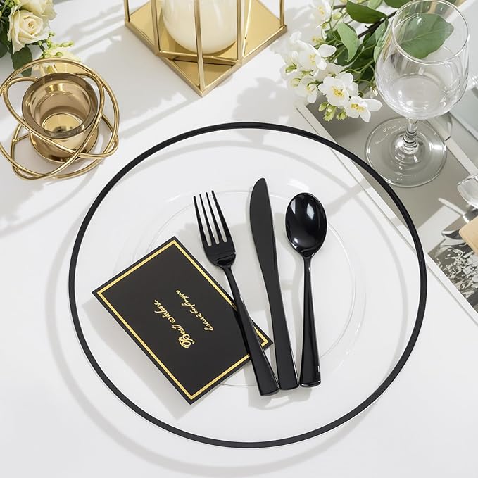 WDF 25 Pack Black Charger Plates - Clear Charges with Black Trim - 12inch Disposable Chargers Plates for Graduation Wedding Party Birthday Dinner