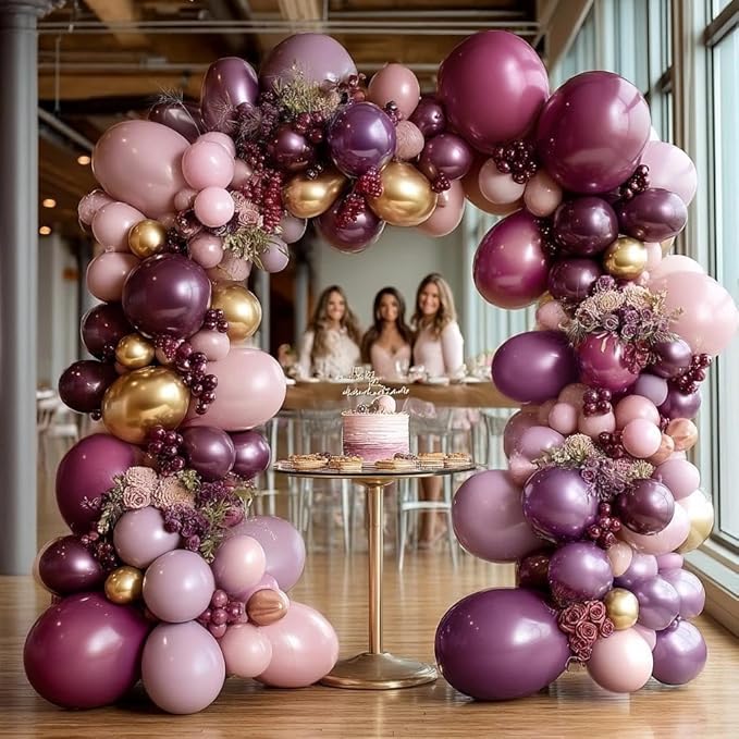 Dark Purple Pink Balloon Garland Double Stuffed Plum Mauve Burgundy Gold Balloon Arch Kit Dusty Pink Lavender Balloons for Birthday Bridal Shower Wedding Valentine Mother's Day Party Decorations
