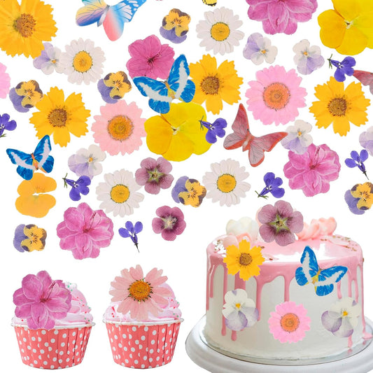 60 PCS Edible Butterfly and Flowers Cake Cupcake Toppers Decoration - Real Flowers & Wafer Butterfly for Wedding Themed Party Birthday Cake Decor Hawaiian Flower,Mixed Size Color
