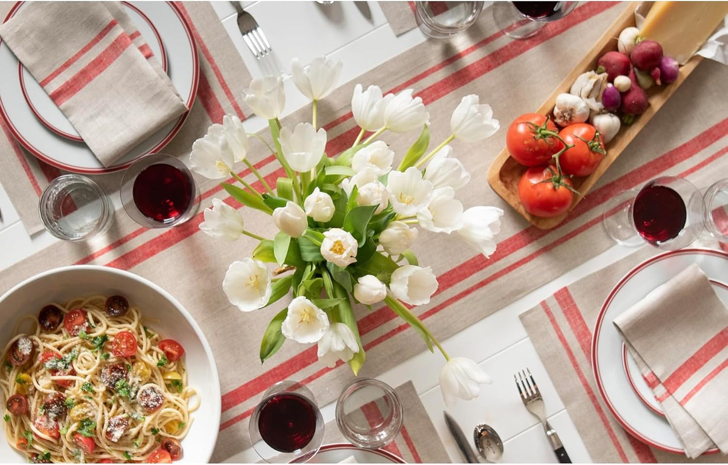 Solino Home Linen Table Runner 90 Inches Long - French Stripe, 100% Pure Linen Red and Natural Farmhouse Table Runner 14 x 90 Inch Ideal for Dining, Fall, Autumn, Thanksgiving, Holiday