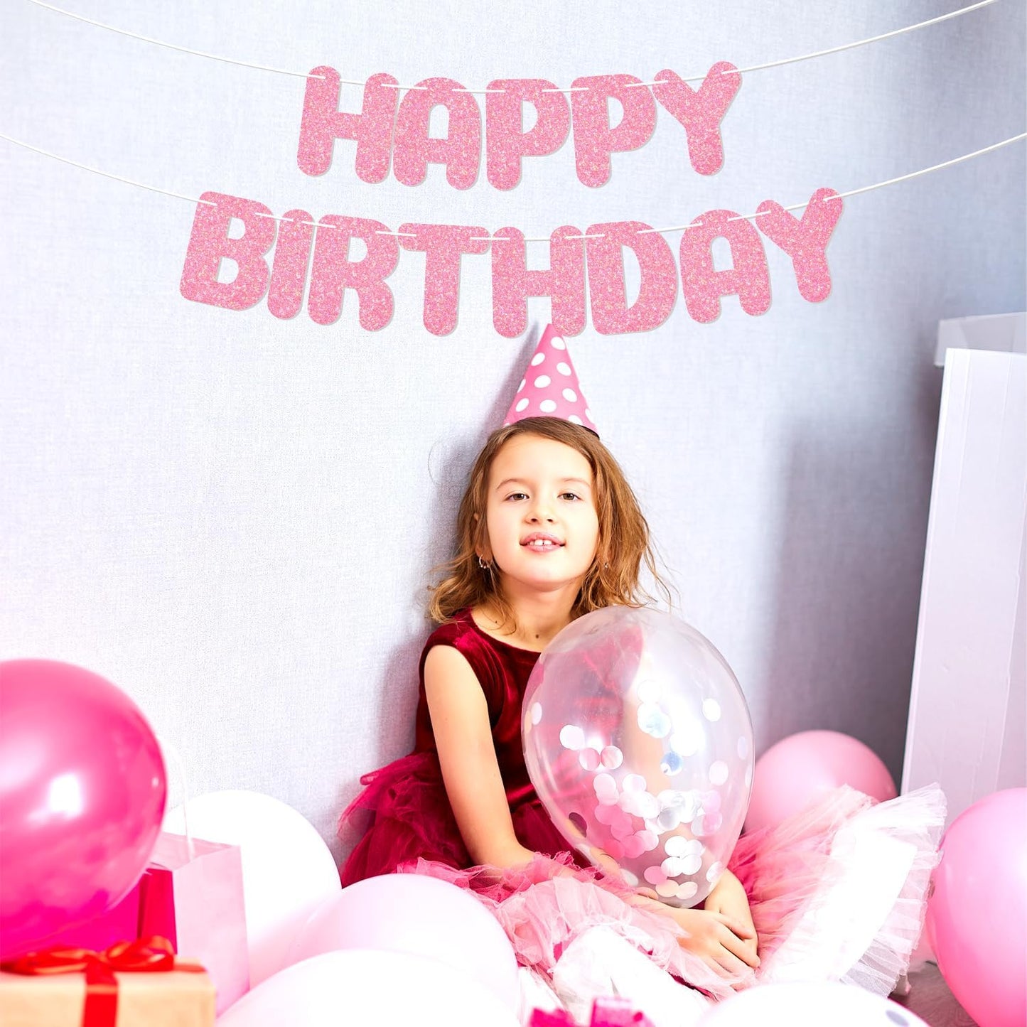 Happy Birthday Banner,with adhesive hooks,pink iridescent letter party banner,Glitter Decor,Kids Baby Adults Birthday Decorations Party Supplies(Pre-Strung)(Pink)
