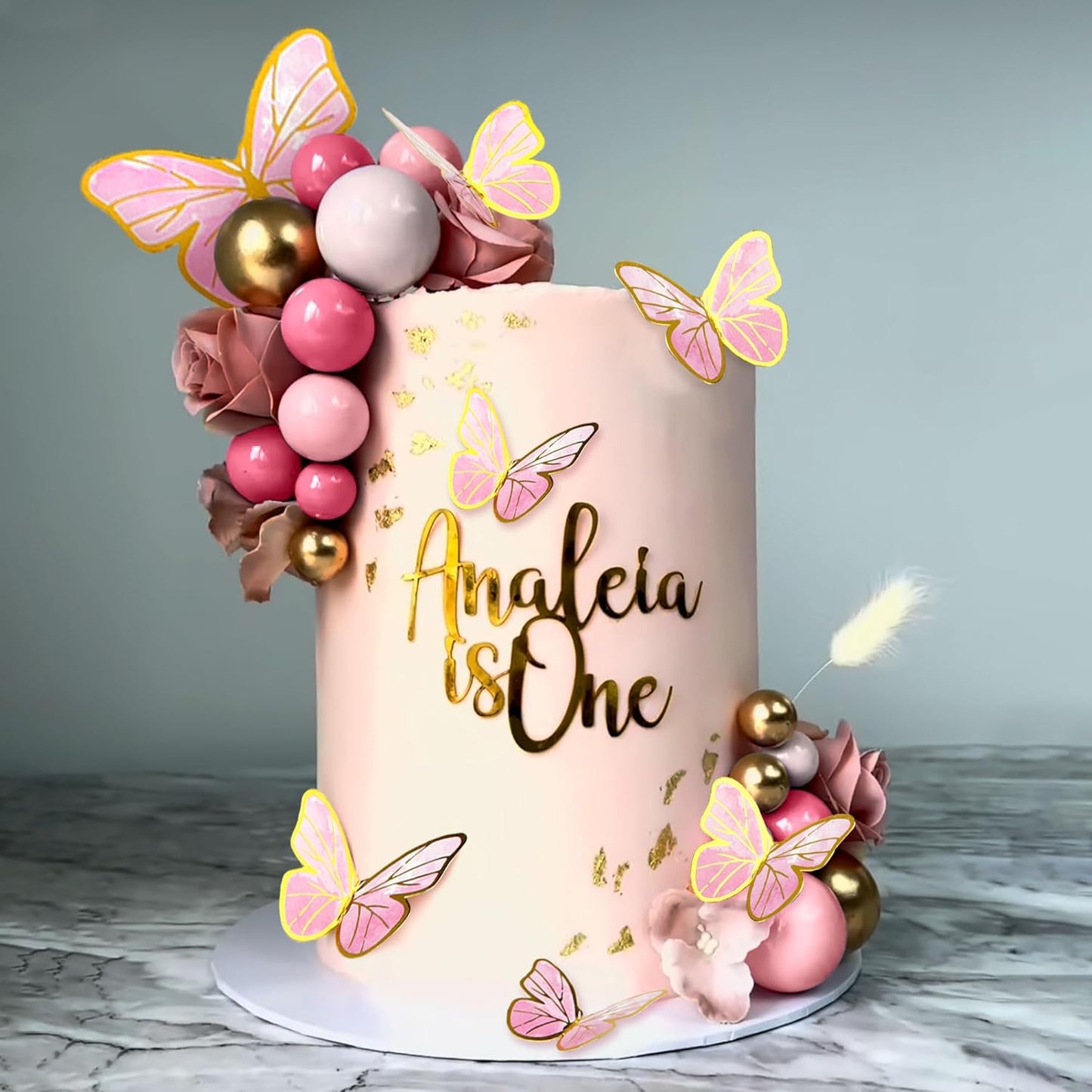 47PCS Pink Butterfly Cake Decorations With Purple Pink Gold Balls Cake Toppers for Baby Shower Wedding Birthday Bridal Shower Party Decor