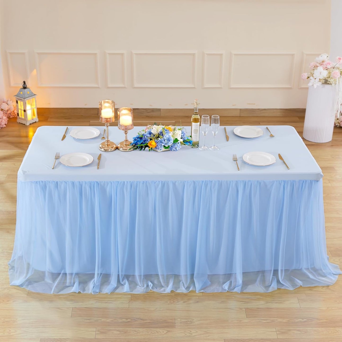 6ft Baby Blue Tulle Tablecloths for Rectangle Tables Light Blue Table Cloths Rectangle Wrinkle Free Stretch 6 Foot Table Cover with Tutu Skirt for Baby Shower Boy Birthday Party Banquet Buffet Cake
