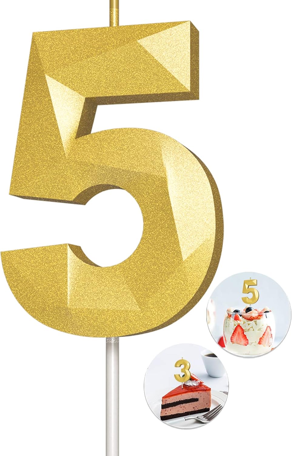Number Birthday Candles(5 Candle Gold) 3D Diamond Shape Number Happy Birthday Cake Candles for Birthday Party Wedding Decoration Reunions Theme Party