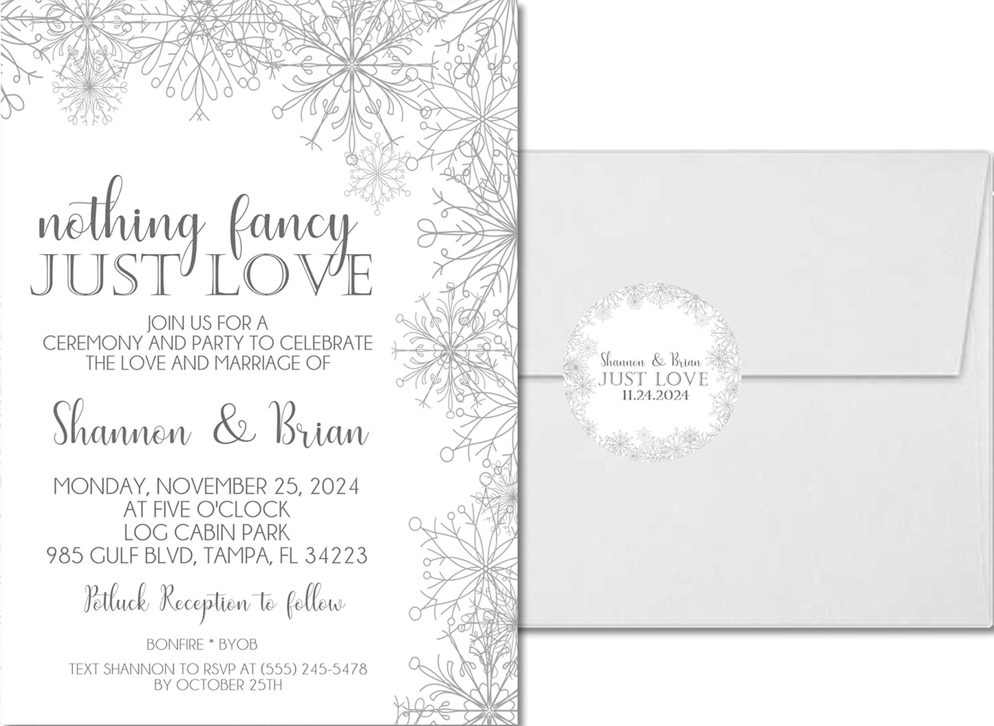 Winter Snowflake Wedding Invitations, Boho Winter, Personalized, Set of 12 Invitations with Envelopes