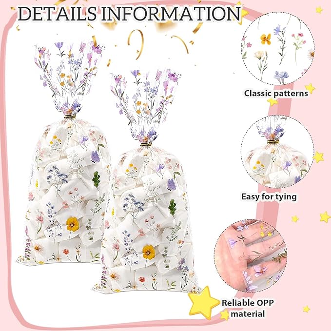 Sanixin 150Pcs Wildflower Party Cellophane Treat Bags Floral Goodie Candy Bags for Baby Shower Mother's Day Wedding Bridal Shower Birthday Party Supplies