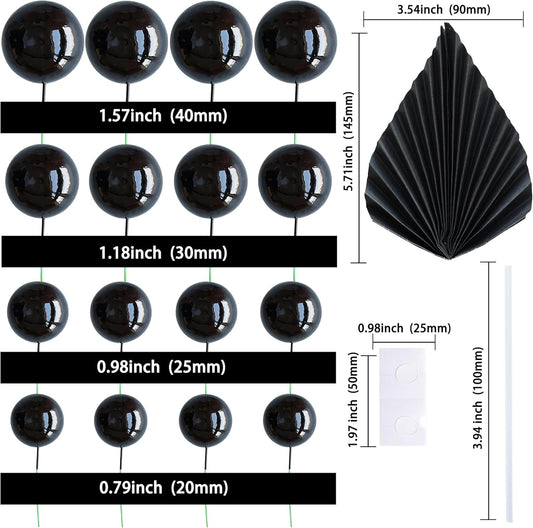 Ephlyn 28Pcs Paper Palm Fan Cake Topper Balls Cake Pick for Baby Shower Wedding Bridal Shower Birthday Party DIY Cake Decorations Supplies Black