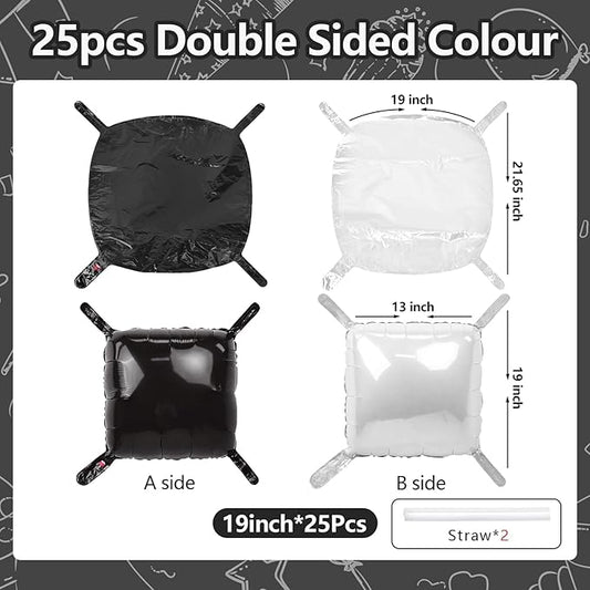NISOCY 25PCS Black White Square Foil Balloons Wall Backdrop Double Sided Black Pearl White Balloons Arch Kit for Birthday Wedding Anniversary Bridal Baby Shower Graduation Party Decorations