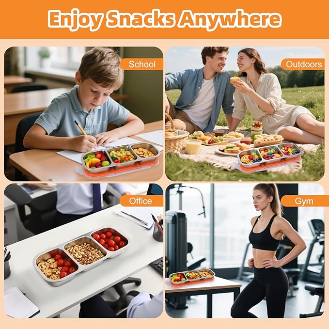 Stainless Steel Snack Containers with Lids, Reusable Condiment Storage Box, Divided Food Storage for School, Home, Travel, Multiple Compartment Leak-Proof Box (‎3 Compartment 3PCS)