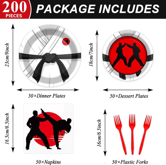 50 Guests Karate Party Supplies Karate Plates and Napkins Forks Disposable Tableware Set Paper Plates for Karates Theme Party 200PCS