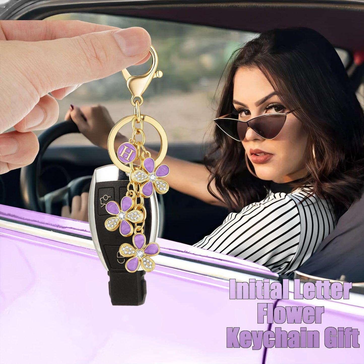 XGALBLA Cute Flower Crystals Rhinestone Initial Letter Keychain for Women, Bag Charms Bling Sparkly Enameled Keychain Handbag
