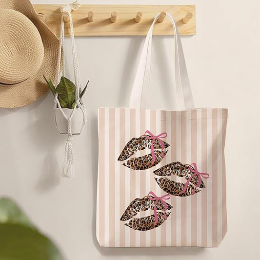 Coquette Pink Bow Leopard Lip Tote Bag for Women,Trendy Cheetah Print Canvas Tote Bag for Girls,Girly Leopard Lip Print Aesthetic Reusable Shopping Grocery Bags Party Favors
