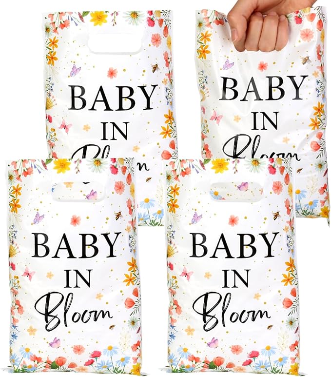 Serencatcher 30Pcs Baby In Bloom Party Favor Bags Widflower Baby Shower Goodie Bags Plastic Floral Gift Bags Candy Bags with Handles for Wildflower Baby In Bloom Baby Shower Decorations Party Supplies