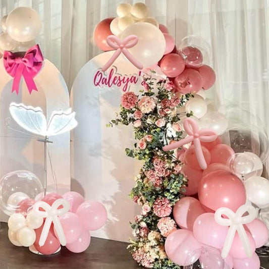 Pink and White Balloons Arch, Dusty Pink Bow Balloons Garland, Blush Beige Cream Latex Balloon, White Long Balloon as Bow Decor for Neutral Boho Birthday Party Baby Shower Bridal Wedding