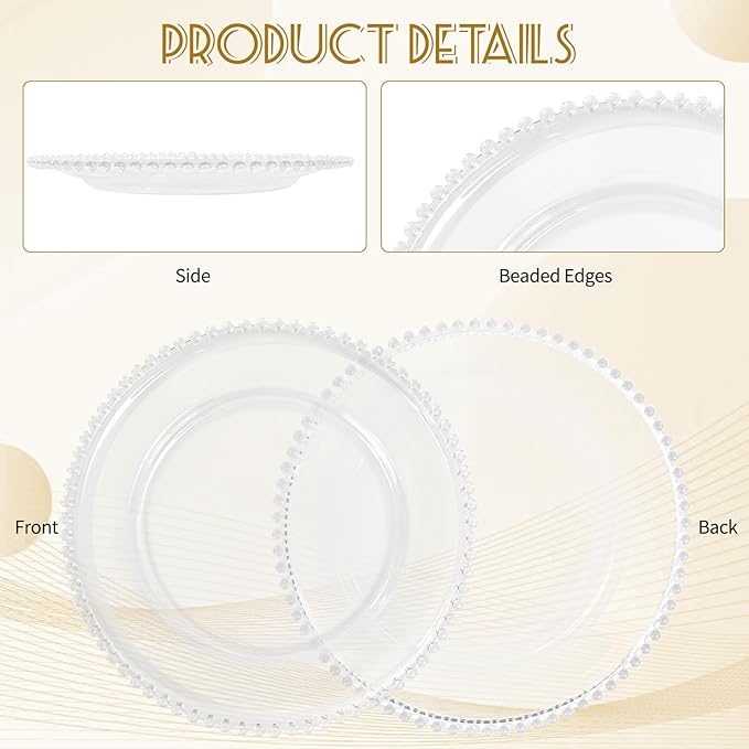 50 PCS Clear Round Charger Plates with Beaded Rim, 13 Inch Plastic Acrylic Plate, Plastic Round Beaded Dinner Decorative Service Plates for Wedding Party Event, Home Kitchen Tabletop(Clear)