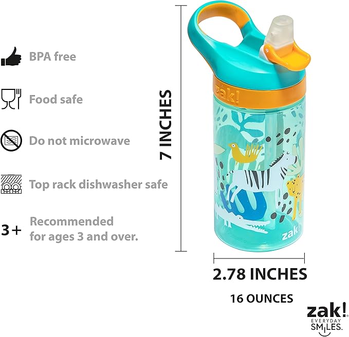 Zak Designs 5-Piece Dinnerware Set, Safari - Durable Plastic & Stainless Steel - Includes Water Bottle, 8-Inch Plate, 6-Inch Bowl, Fork & Spoon - Suitable for Kids Ages 3+