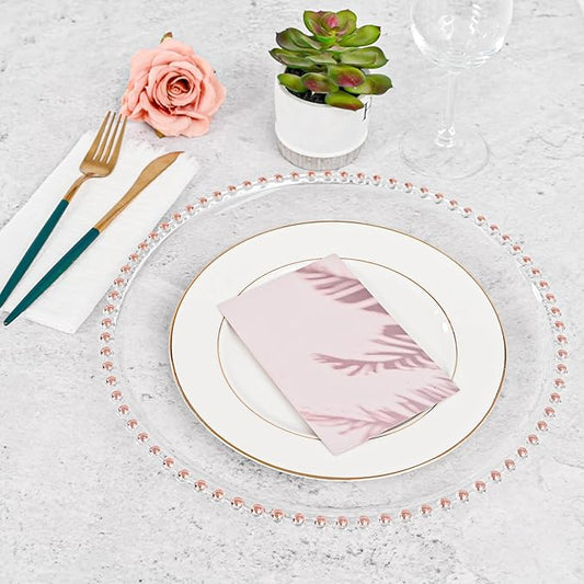 12 PCS Clear Round Charger Plates with Beaded Rim, 13 Inch Plastic Acrylic Plate, Plastic Round Beaded Dinner Decorative Service Plates for Wedding Party Event, Home Kitchen Tabletop(Pink)