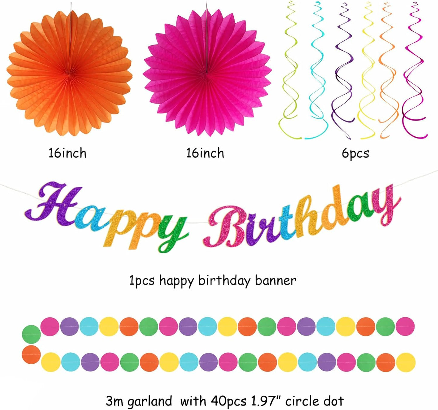 Rainbow Friends Colorful Birthday Party-decorations - 21pcs Girls Boys Happy Banner Garland, Paper Streamers Lanterns,Flower Tissue Pom Poms Fan Supplies,Wall Backdrop Decor Huglony