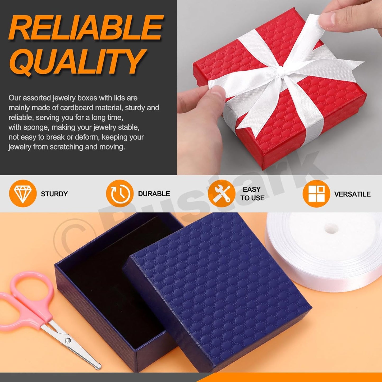 12Pcs 9x9x3cm / 3.5x3.5x1 Inch Dark Blue Cardboard Jewelry Gift Boxes with Stain Ribbon and Scissor, Small Gift Box with Lid for Necklaces, Rings, Bracelets, Earrings, Pendant, Jewelry