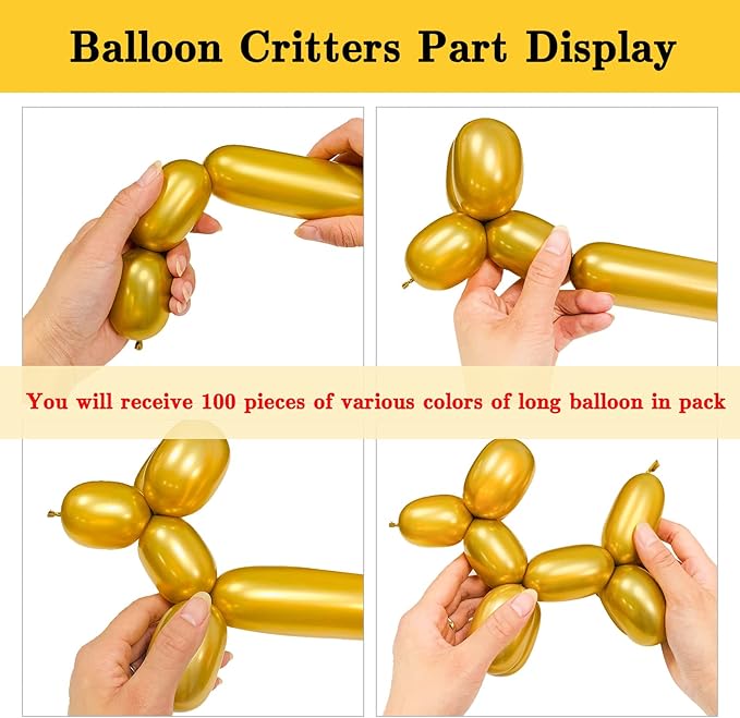 Metallic 260 Gold Long Balloons Chrome 100 Pack Twisting Animal Balloons Thickening Latex Modeling Long Magic Balloons for Animal Model Weddings Birthdays Festival Party Decorations