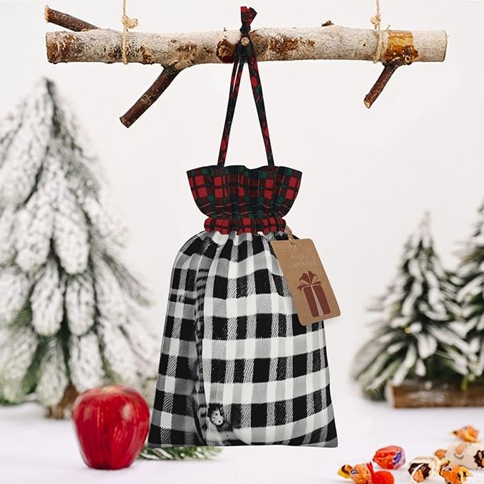 PULaif Black And White Plaid Christmas Drawstring Gift Bags, Large Size Christmas Bags For Gifts Party Favors, Xmas Gift Bags