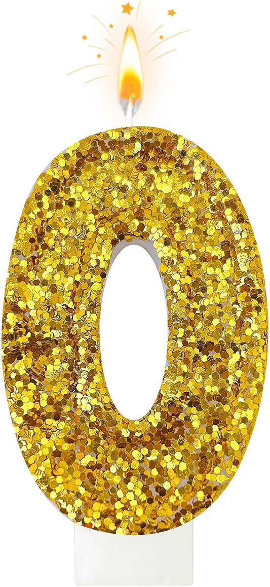 Birthday Number Candles, Glitter Number Candle Cake Decorations with Sequins, Cupcake Decorations for Girls, Women, Party Anniversary Celebrations (Number 0, Golden)