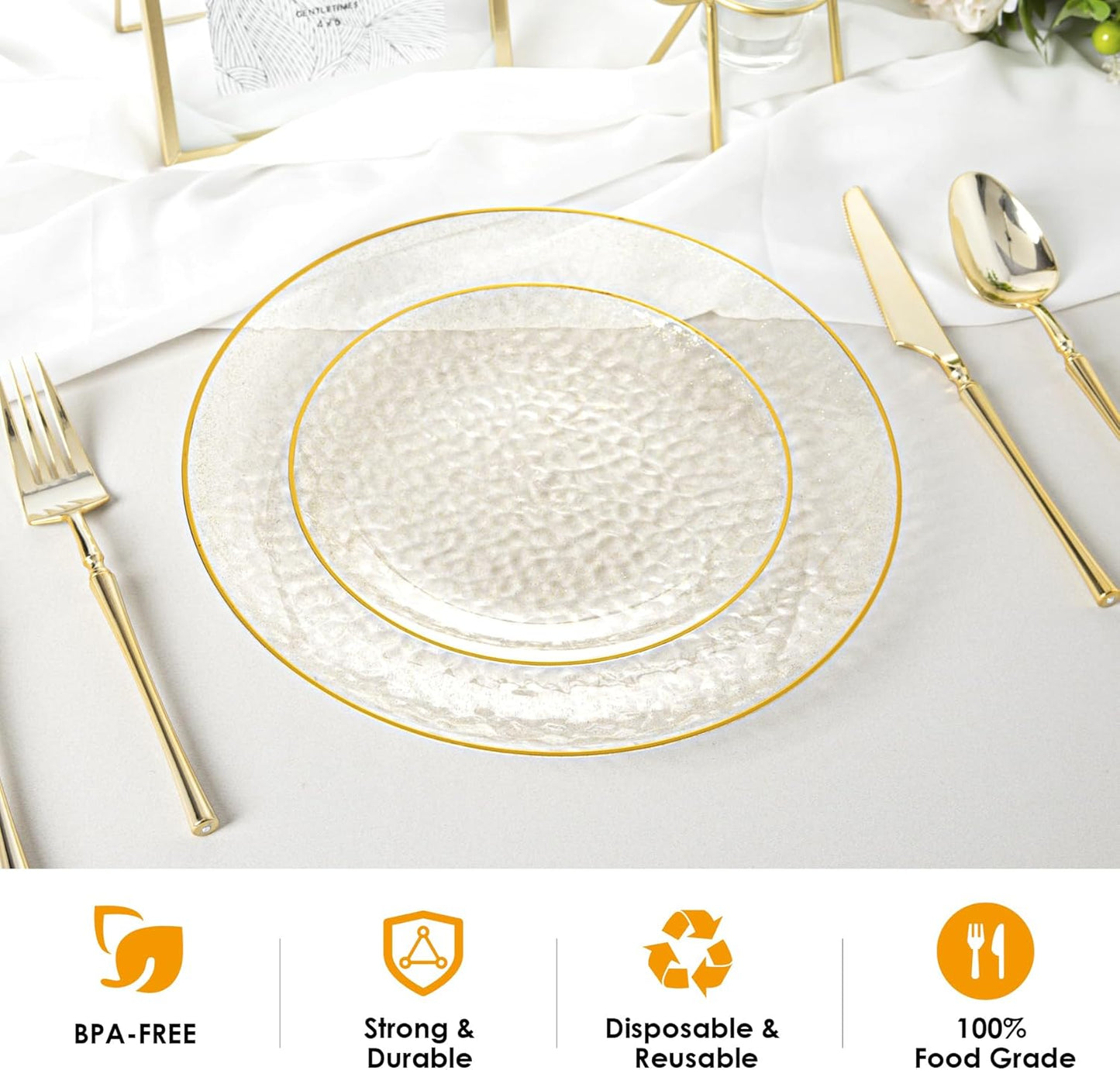 Lullaby 100PCS Clear Plastic Plates with Gold Rim, Includes 50pcs Dinner Plate 10” and 50pcs Dessert Plate 7”, Disposable Heavyduty Plates for Birthdays, Parties and Wedding
