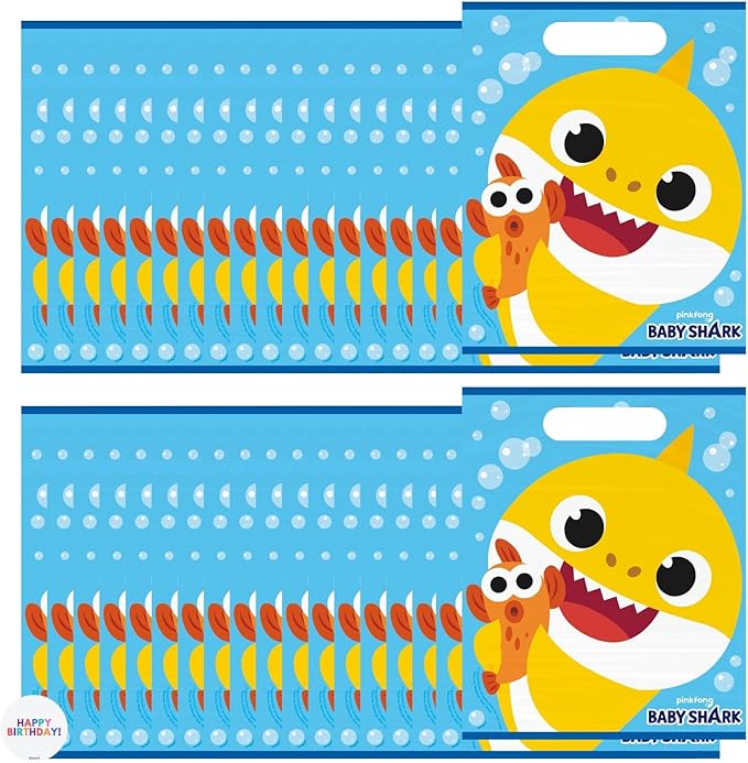 Unique Baby Shark Goodie Bags Pack - Baby Shark Birthday Decorations - Bundle with 16 Plastic Party Favor Bags, Sticker - 16 Guests - Birthday Party Supplies