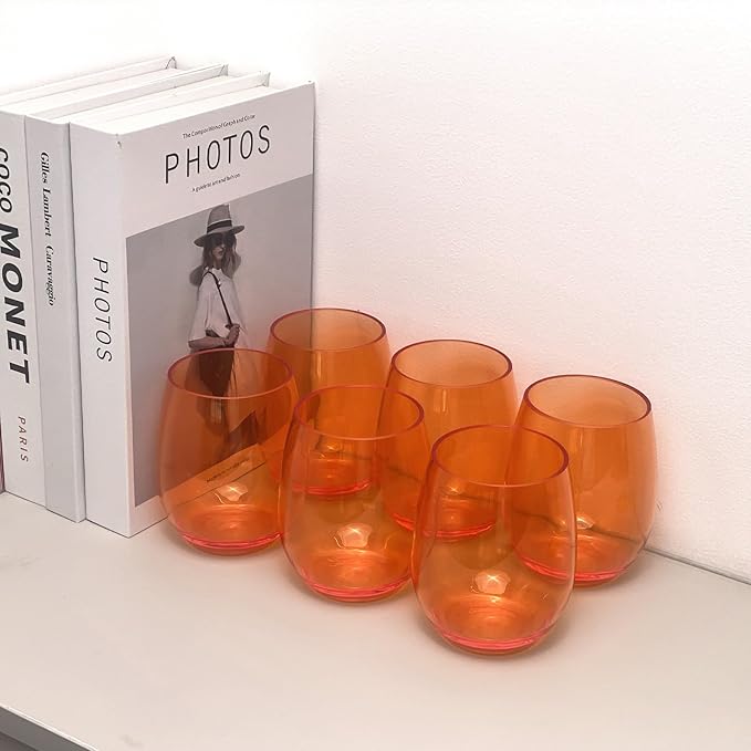 Set of 6 Acrylic Wine Glasses, 20-ounce Plastic Tumbler for Party Use,BPA Free,Dishwasher Safe (Orange)