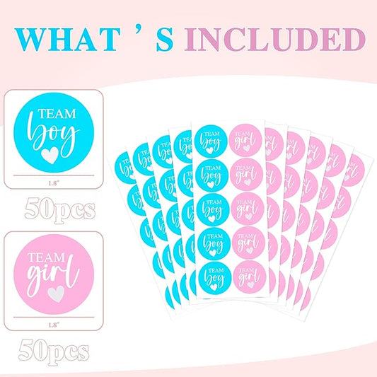 Pink or Blue Baby Gender Reveal Party Stickers – 100 Count (50 Team Boy + 50 Team Girl) – Gender Reveal Decorations & Voting Labels for Guests