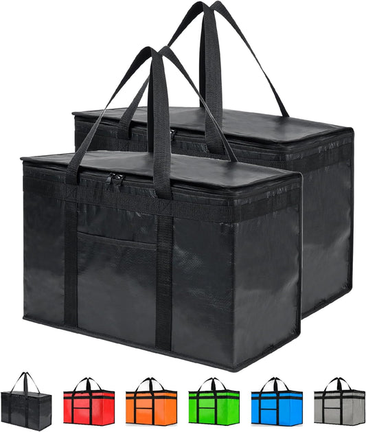 Durable PRO Insulated Cooler Bag and Food Warmer (XXL, 2 Pack) for Delivery & Grocery Shopping with Zippered Top, Black Commercial Grade