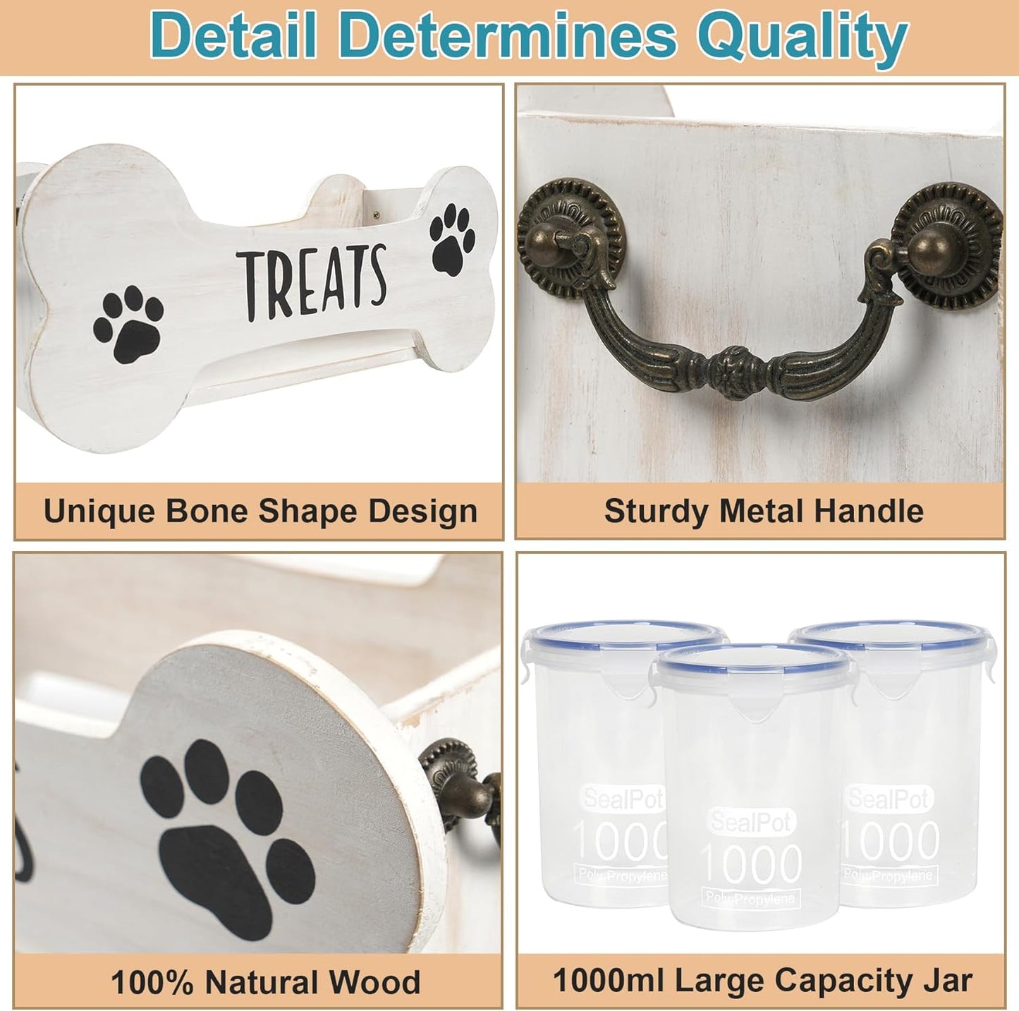 WGFKVAS Dog Treat Storage Containers, 3 Jar Pet food container, White Wooden Pet Food Dispenser for Dogs & Puppies, Perfect Food Storage Solution and Gift for Dog Owners