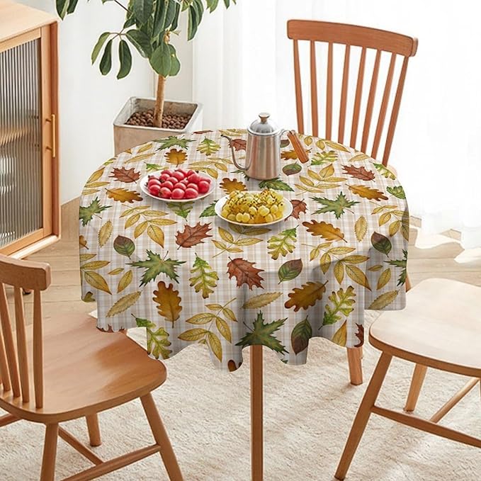 YCness Autumn Maple Leaves Tablecloth, Thanksgiving Autumn Harvest Watercolor Ginkgo Biloba Abstract Geometry Leaves Table Cover for Party Picnic Dinner Decor 60x60 Inch Round
